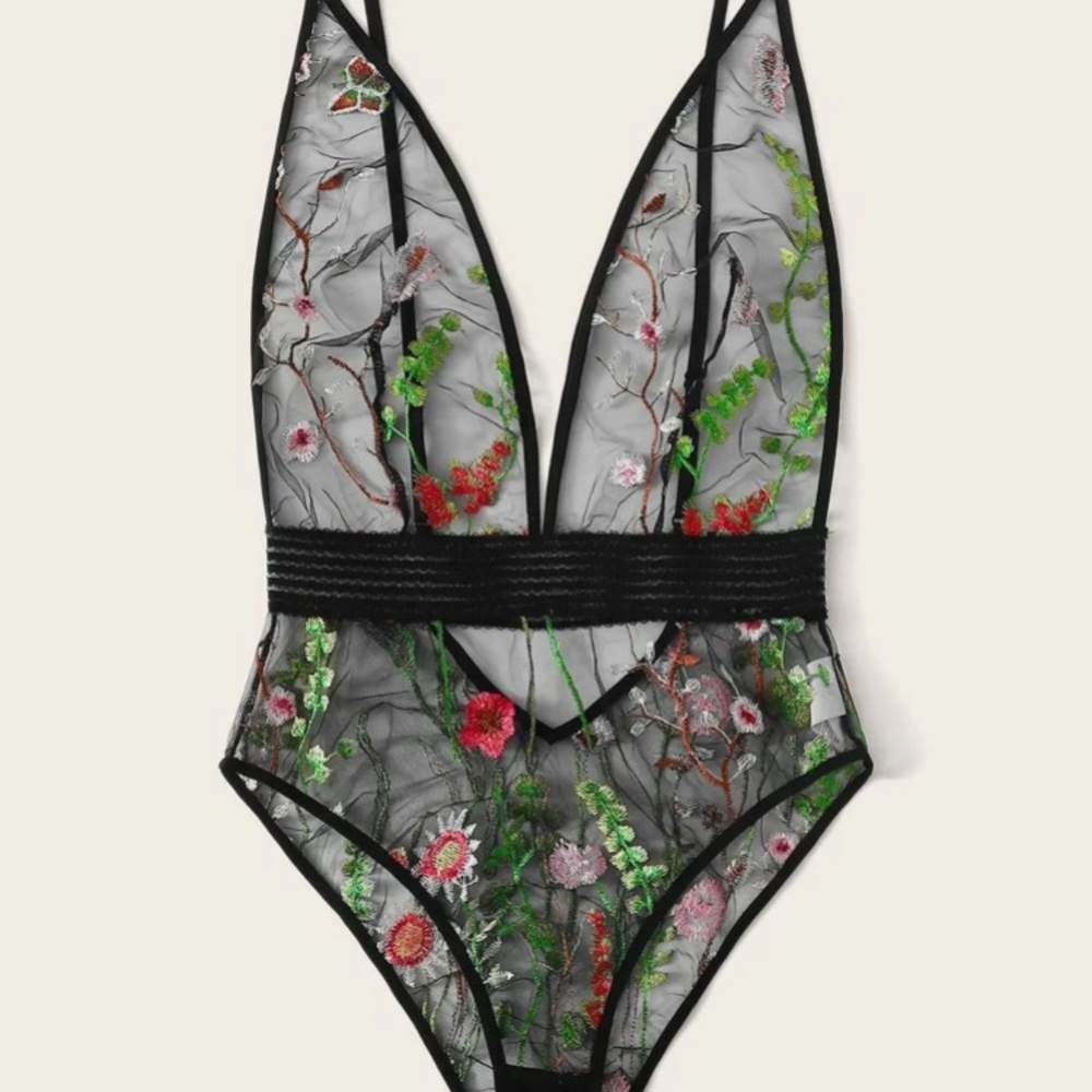 Black floral embroidered body suit